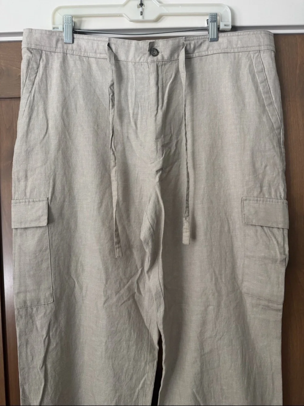 Claiborne Tan Linen blend Cargo Pants Womens XL Lagenlook Safari wide leg Beach